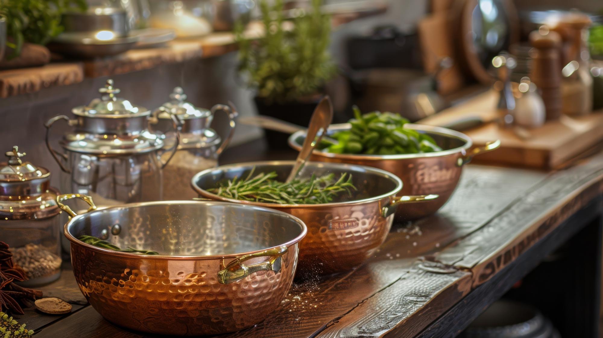 Artisan kitchen workspace with copper pans and herbs
